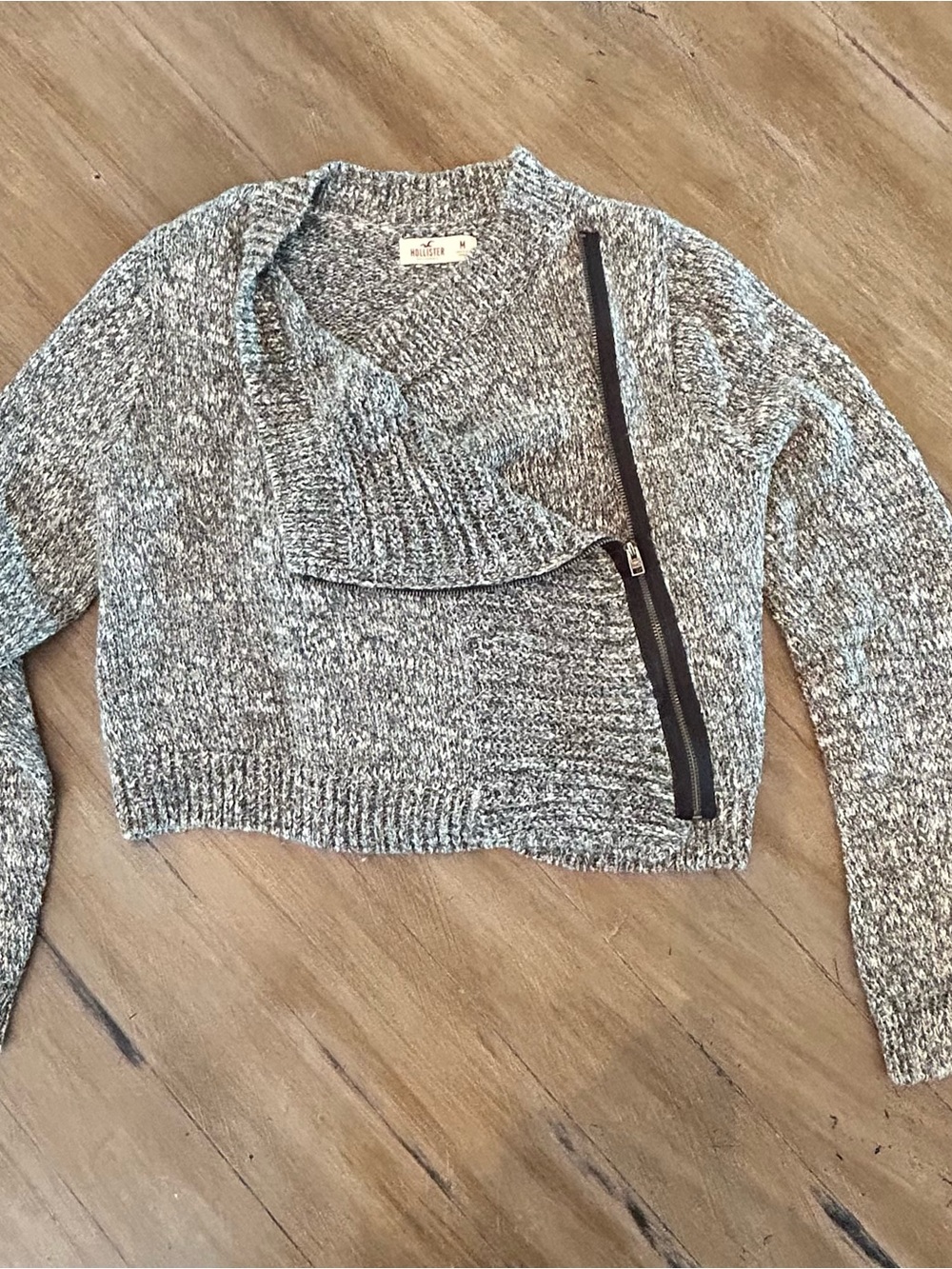 Hollister Gray Marled Asymmetrical Zip Crop Sweater